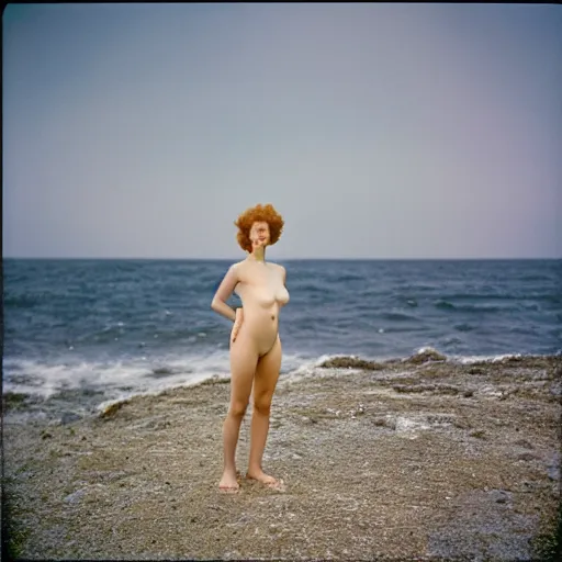 Prompt: portrait photography of a beautiful ginger model with bright blue eyes standing in front of ocean, Joel Meyerowitz, 35mm, kodak film photo