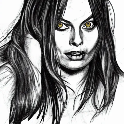 Image similar to grunge drawing of margot robbie in the style of the grudge