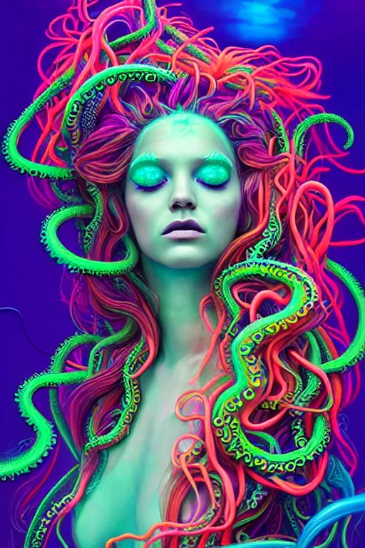 Image similar to A sea goddess with neon tentacles hair having an extremely colorful psychedelic experience, warping time and space, magic mushrooms, psilocybin, LSD, face, detailed, intricate, elegant, highly detailed, digital painting, artstation, concept art, smooth, sharp focus, illustration, art by Krenz Cushart and Artem Demura and alphonse mucha, Octane render, unreal engine, 8K