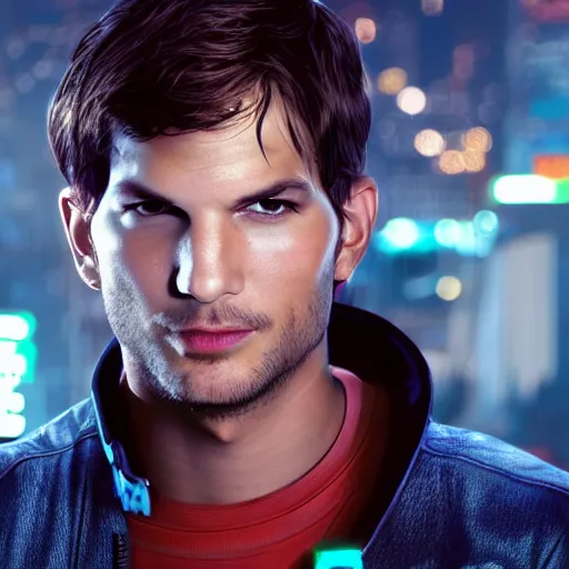 Image similar to ashton kutcher portrait, cyberpunk 2 0 7 7, cyberpunk, photorealistic, ultra detailed, neon, octane, bokeh, cinematic lighting, cyber, cyberpunk city, studio quality, feature, scars, cyberface, 8 k