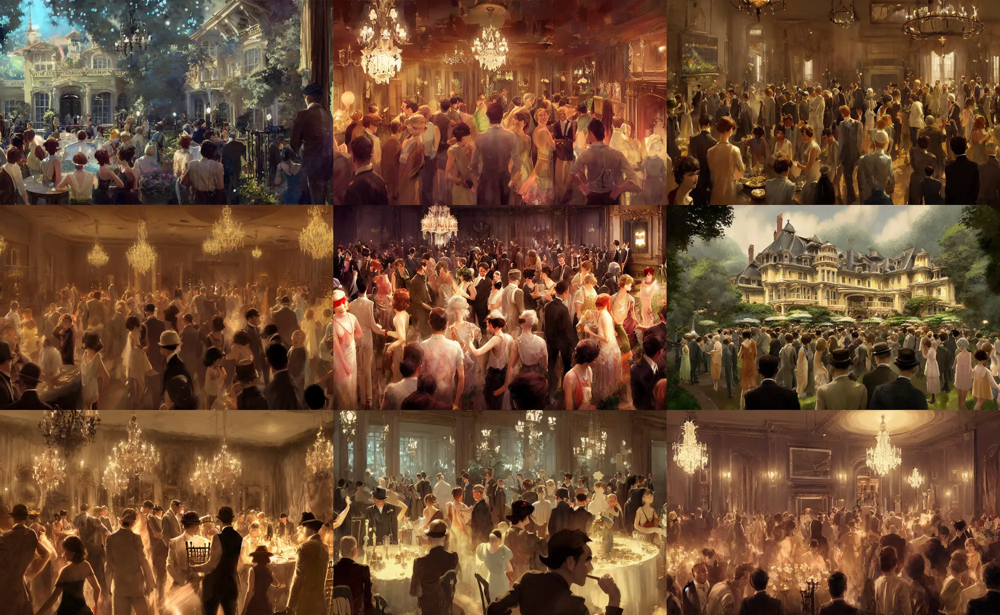 Prompt: craig mullins and ghibli and james gurney detailed digital painting of a 1 9 2 0 s grand party in a beautiful mansion, many partygoers, strong contrast, unreal engine, hyper realism, realistic shading, cinematic composition, realistic render, octane render, detailed textures, photorealistic, very wide shot, 3 5 mm film