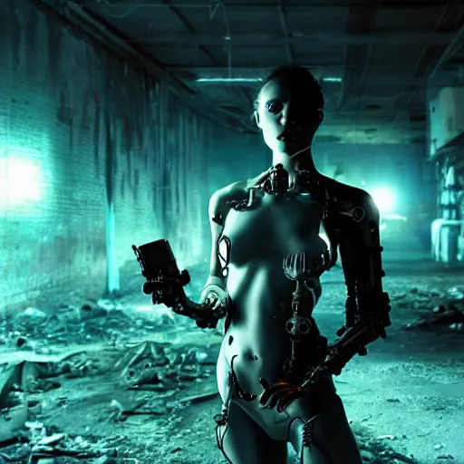 Prompt: stunning, breathtaking photo of a biomorphic female cyborg in a desolate abandoned post-apocalyptic industrial city at night, moody blue lighting