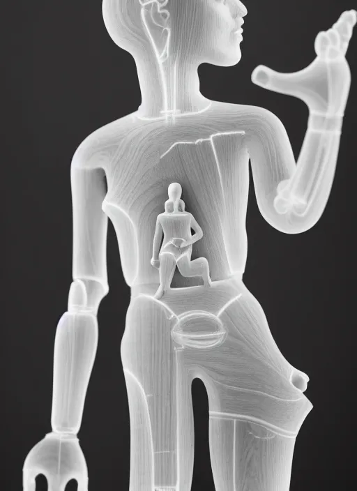 Prompt: still wooden figurine of a human, personification, detailed product photo, 8 k, 8 5 mm, f. 1 4, beautiful composition, x - ray aura monochrome