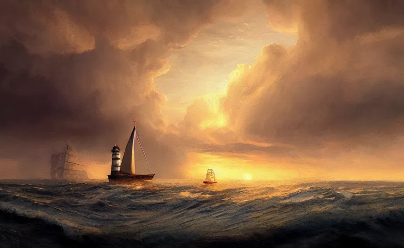 Image similar to painting of a lighthouse at sunset with a sailing ship in a storm, natural light, concept art, by greg rutkowski, cozy atmospheric and cinematic lighting