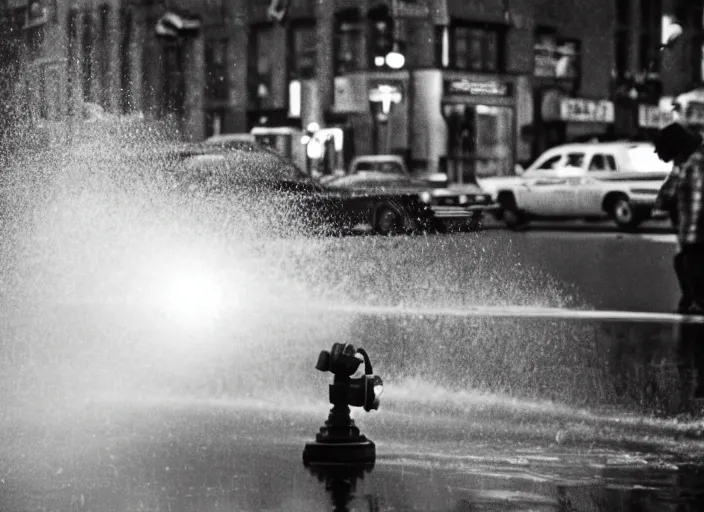 Prompt: a 3 5 mm photo from the back of people playing in splashing water from an open fire hydrant in the streets of new york city in the 1 9 6 0 s, bokeh, canon 5 0 mm, cinematic lighting, dramatic, film, photography, golden hour, depth of field, award - winning, 3 5 mm film grain