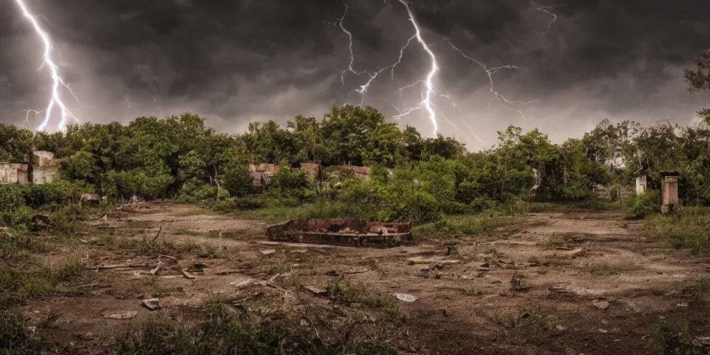 Image similar to abandoned city reclaimed by nature, cinematic shots, smooth lightning, happy, calm