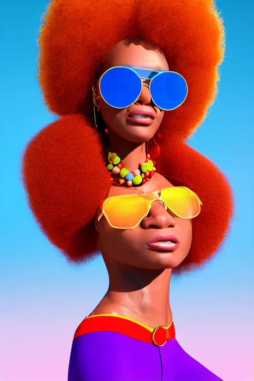 Image similar to a centered render of a groovy super cool afro disco girl from the seventies, by dreamworks, by pixar, by viktoria gavrilenko, by leticia gillett, perfect face, artstation, 3 d, 8 k