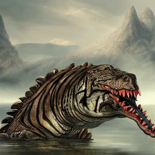 Prompt: a crocodile grabs onto a roaring tigers leg at the edge of the river, dramatic, matte painting, trending on ArtStation