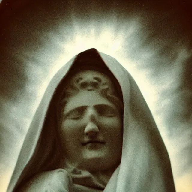 Prompt: vintage polaroid of white mother mary statue crying blood, pictured close and slightly from below, sky with clouds in background