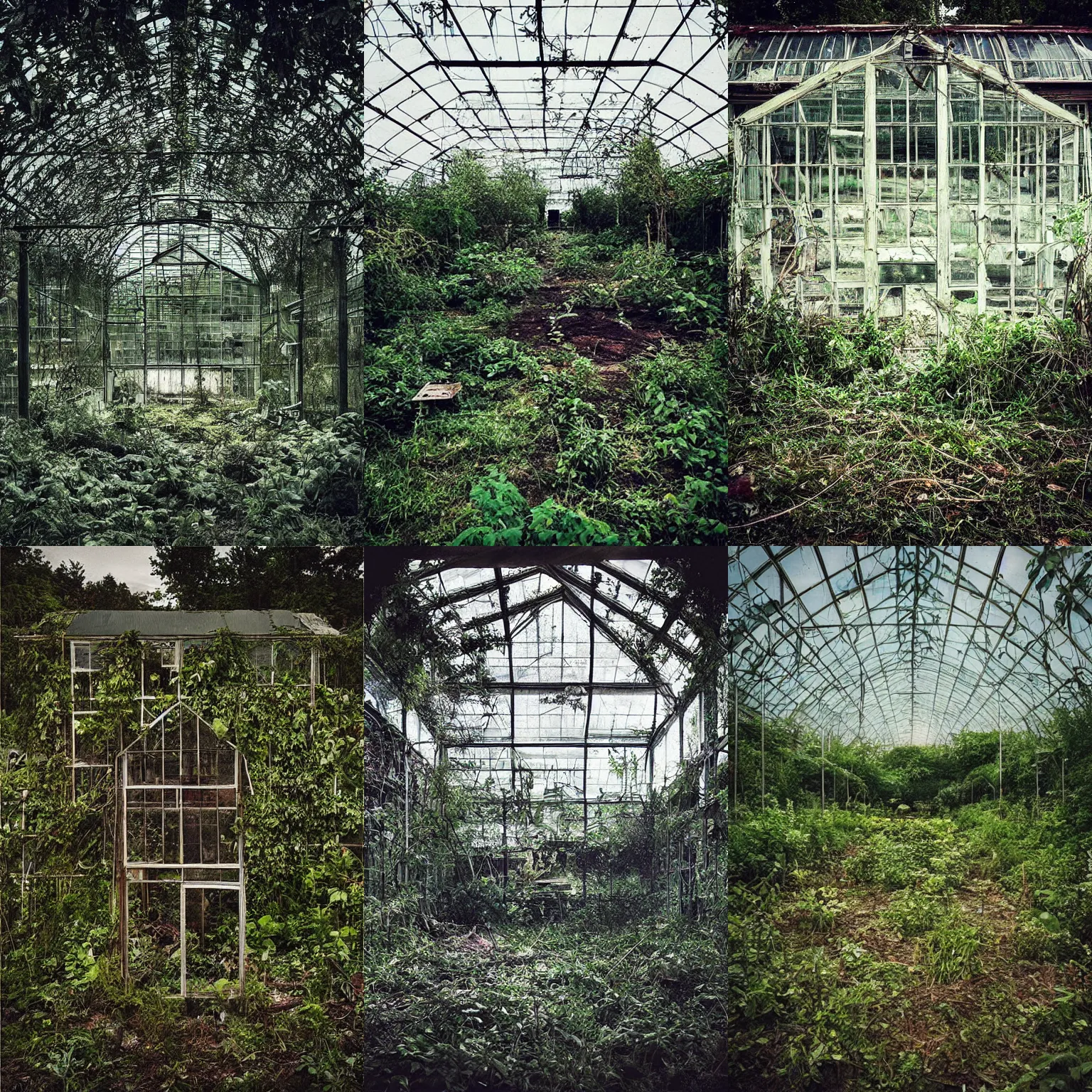 Prompt: “an abandoned and overgrown greenhouse in the style of Gregory crewdson”