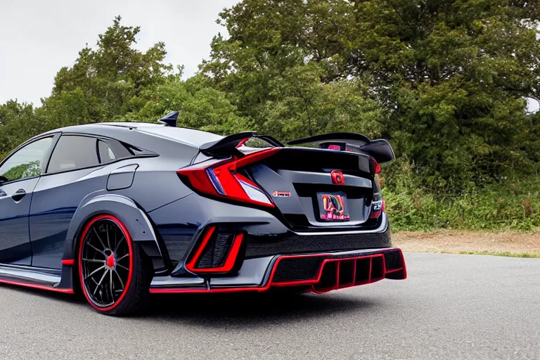 Prompt: nikor 1 8 mm lens, 2 0 2 0 civic coupe type r from behind, carbon fiber wing spoiler, rays te 3 7 wheels