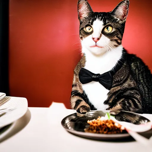 Image similar to A photo of a cat wearing a suit sitting in a fancy and expensive gourmet restaurant and eating a plate of cat food. f/2.8, dim lighting, award winning photo