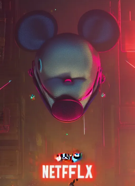 Image similar to giant destroyed head of cyberpunk mickey mouse, inside of netflix office, by beeple, dystopia, golden ratio, octane render, unreal engine 5, trending on artstation, 8 k