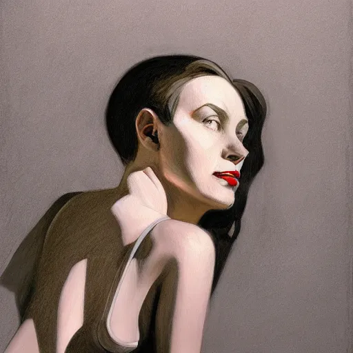 Image similar to charcoal drawing portrait of a woman, very coherent, painted by edward hopper, painted by james gilleard, airbrush, art by jamesjean