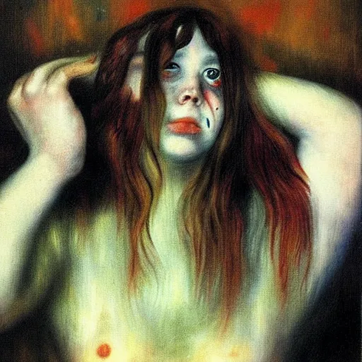 Prompt: disturbing grunge picture of a dirty bathroom 1 9 7 2. horror airbrush art, by auguste renoir