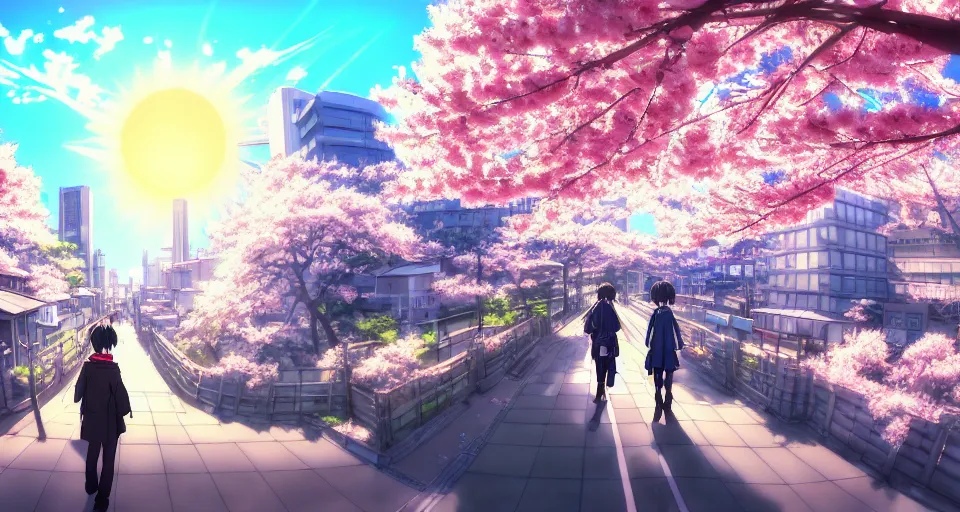 Image similar to anime style cityscape, spring season city, cherry blossoms blowing in the wind, day time, sun high in the sky, sun glare, clear weather, blue sky, tokyo japan, some people walking, people are detailed, high detail and sharp, detailed shading, trending on artstation, wallpaper, anime art style, kyoto animation productions, koyoharu gotouge