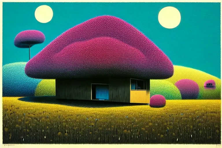 Image similar to surreal glimpse into other universe, house by kengo kuma, summer morning, very coherent and colorful high contrast, art by!!!! gediminas pranckevicius!!!!, geof darrow, floralpunk screen printing woodblock, dark shadows, hard lighting, stipple brush technique,