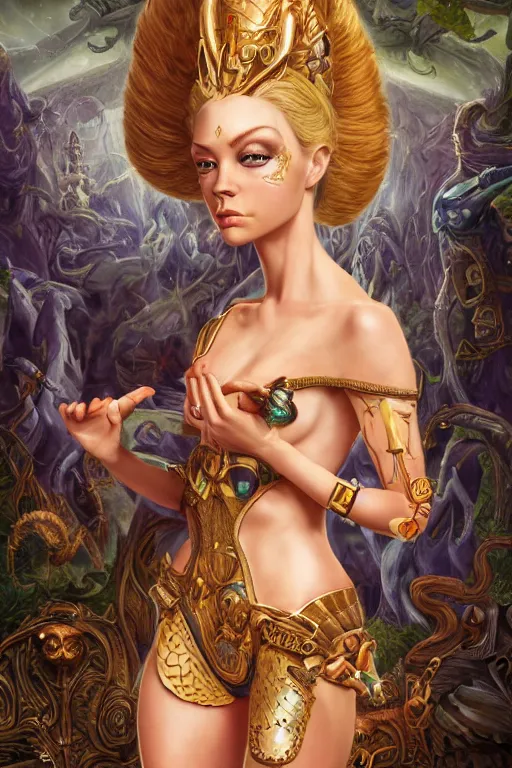 Image similar to portrait of a beautiful female hybrid atlantean anubis elsa jean, alien warrior regal, realistic, refined, detailed, digital art, michael cheval, esao andrews, steampunk, walt disney ( 1 9 3 7 ), francois boucher, oil painting, highly detailed, cinematic lighting, unreal engine, 8 k, hd