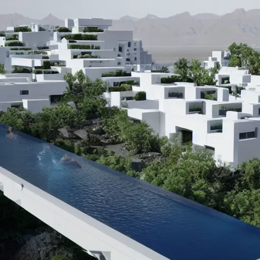 Image similar to habitat 6 7, white lego architect building in the dessert, many plants and infinite pool