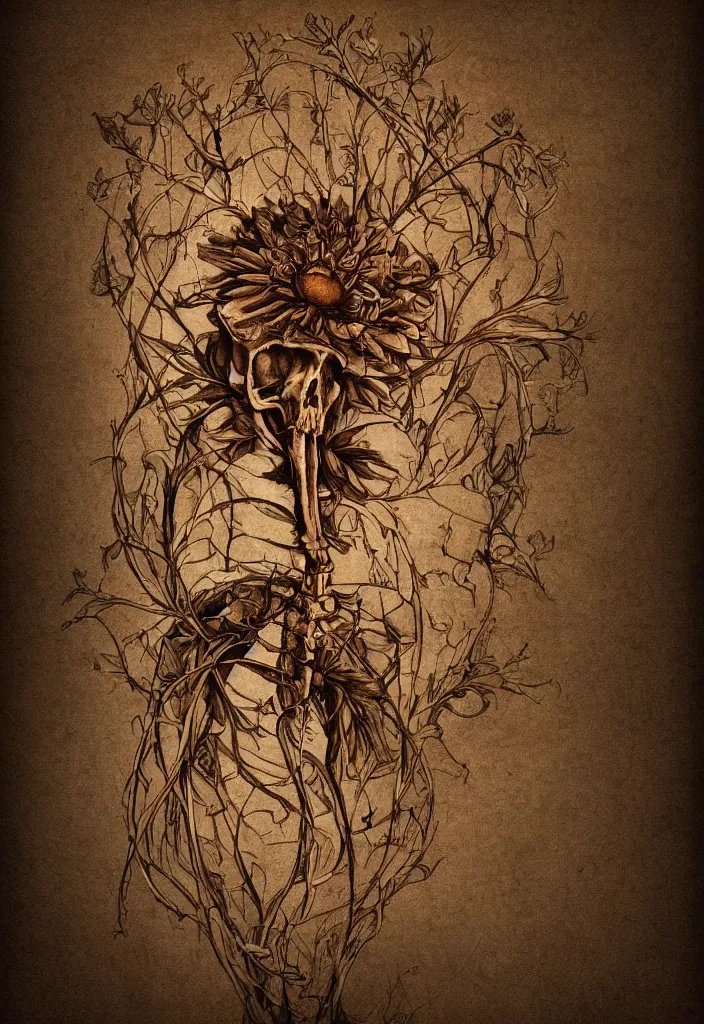 Image similar to a eeire flower skeleton, artistic, brown background, digital art.