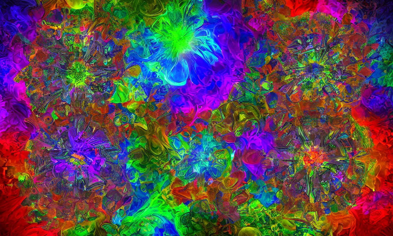 Image similar to acrylics blob voronoi engine laboratory 3 d volume kaleidoscope mandala fractal chakra digital multicolor stylized concept substance liquid nebula stone, a spectacular view cinematic rays of sunlight comic book illustration, by john kirby radiating a glowing aura global illumination ray tracing hdr depth fog overlay multiply photoshop layer