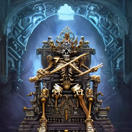 Image similar to high fantasy skeleton king android sitting on a ornate throne in an ornate palace by Stanley Artgerm Lau, frank frazetta, Rossdraws, James Jean, gerald brom, Andrei Riabovitchev, Marc Simonetti, and Sakimichan, trending on artstation, SFW version