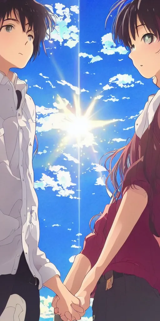 Image similar to a man and a woman holding hands under a beautiful sun drawn like the anime Your Name anime, intricate, psychedelic,