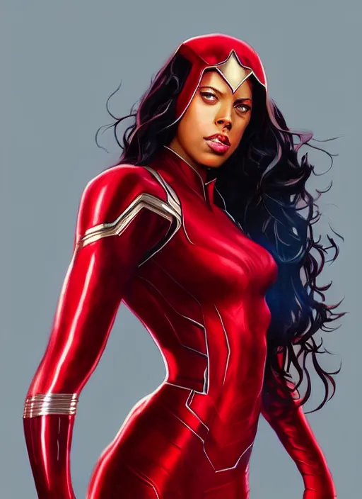 Image similar to full body portrait of marvel cinematic universe aaliyah haughton, red eyes, scarlet witch, elegant, avengers, super hero, red outfit, highly detailed!! digital painting, artstation, glamor pose, concept art, sharp focus, illustration, art by artgerm and greg rutkowski, artey freytag