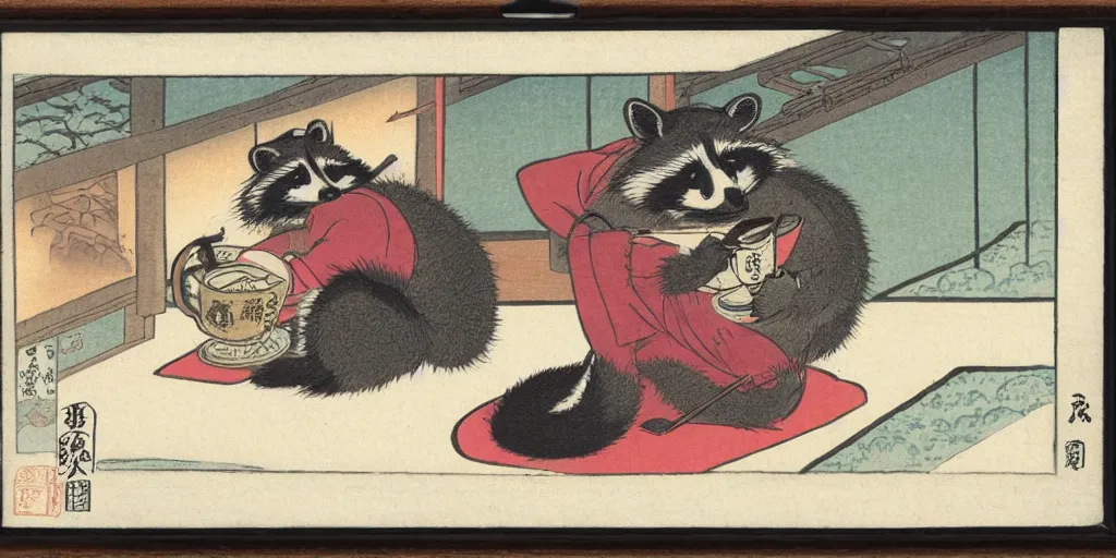 Image similar to little raccoon sitting by a cozy fireplace with a cup of tea. warm color temperature. ukiyo - e,