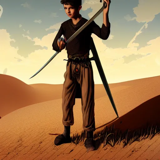 Image similar to a detailed illustration of a boy in the desert holding a sword, fantasy art illustration, incredibly highly detailed and realistic, 8 k, sharp focus