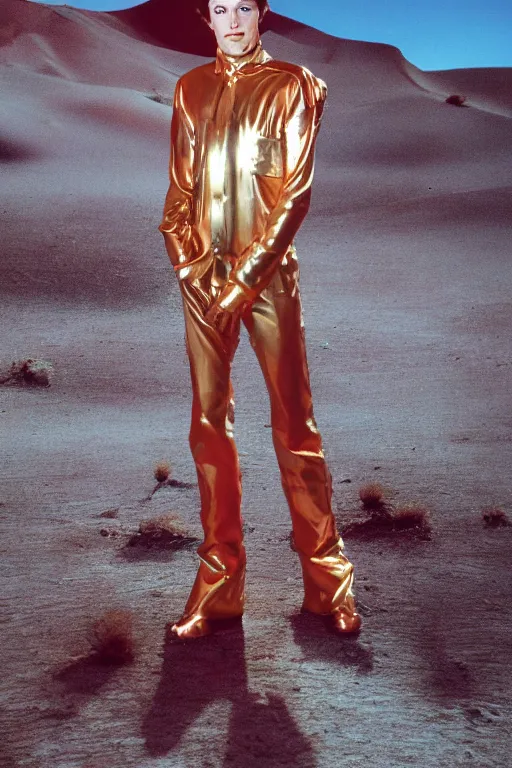 Image similar to portrait davis taylor brown dressed in 1 9 8 1 space fantasy fashion, new wave, shiny metal, standing in a desert