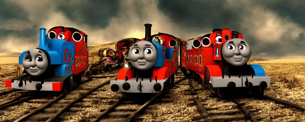 Prompt: thomas the tank engine mad max style, film still, epic shot cinematography, rule of thirds