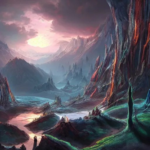 Prompt: stunning fantasy landscape, alien world, very detailed, 8k, trending on artstation