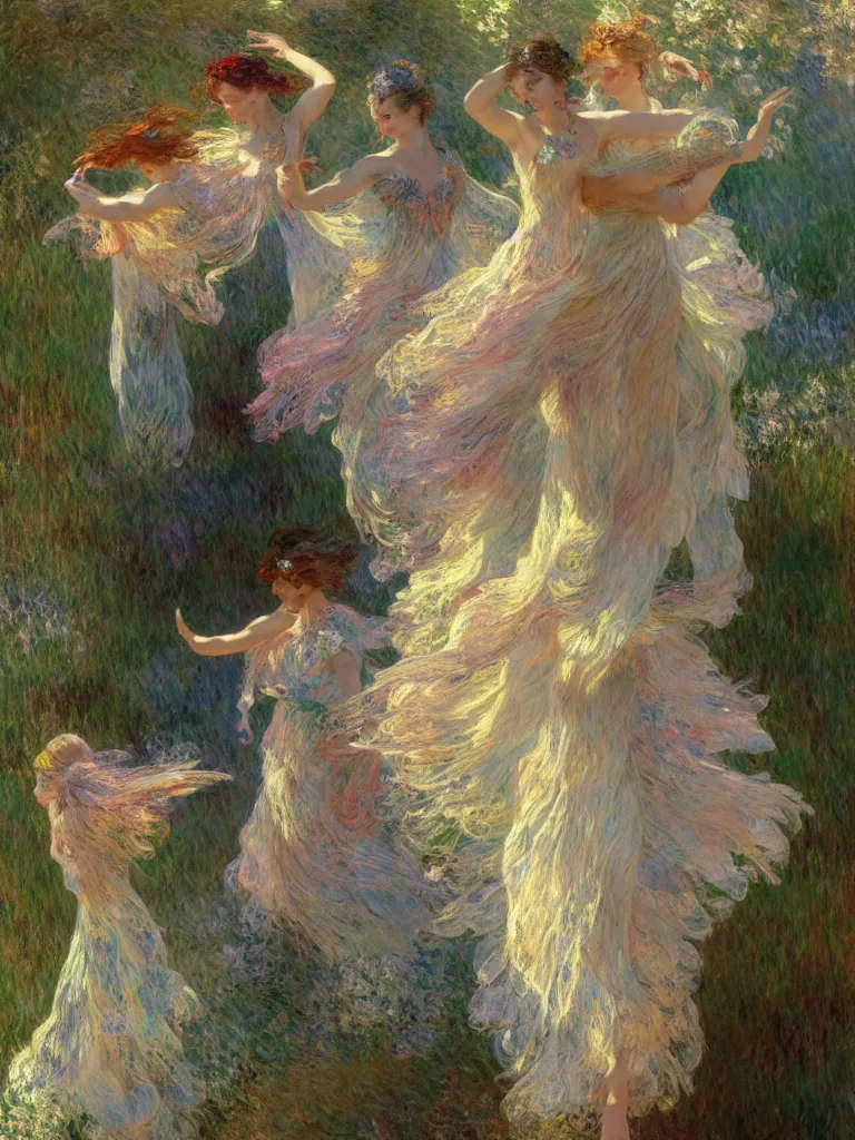 Prompt: illustration studio portrait of three beautiful seraphim female energy in artistic poses dancing in nature, monet painterly motives and textures pattern, hyper detailed, octane render, vivid colors, artstation, by jeremy mann, by alphonse mucha, by monet
