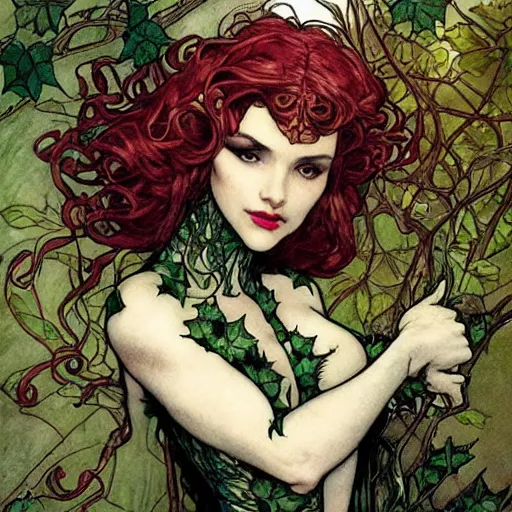 Image similar to a beautiful and detailed magic the gathering card of a seductive poison ivy as a dryad, fantasy, d & d, dark eyeliner, intricate, elegant, highly detailed, digital painting, artstation, concept art, matte, sharp focus, illustration, art by rebecca guay and by arthur rackham and by alphonse mucha and by john william waterhouse