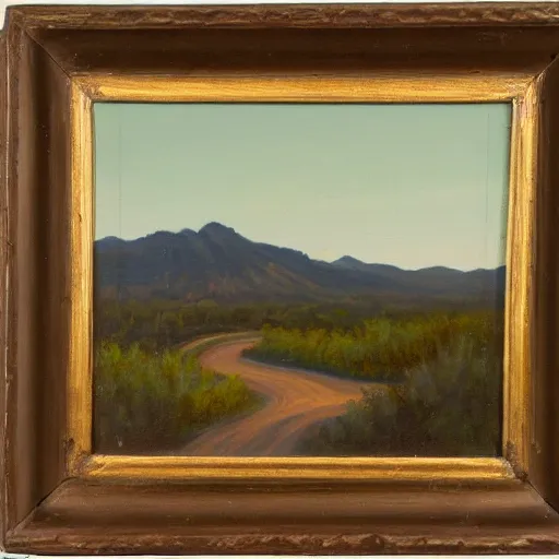 Image similar to a conrad bluff oil painting of a small hill covered in cactus with a circular 1 0 lane highway at it's base full of evening traffic