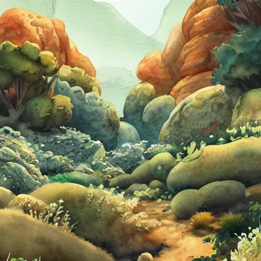 Image similar to stunning lush natural scene on another planet, with weird vegetation, rocks and colour. beautiful light. soft colour scheme. beautiful artistic detailed watercolor by lurid. ( 2 0 2 2 )