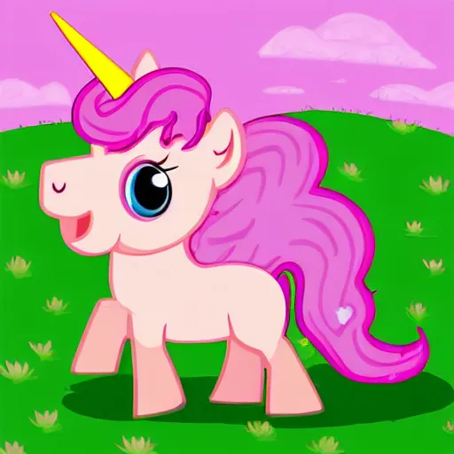 Image similar to a pretty pink unicorn character eating a little hamburger on the ground in a soccer field | digital art | very high quality | very detailed | totally awesome | very cute | horselike