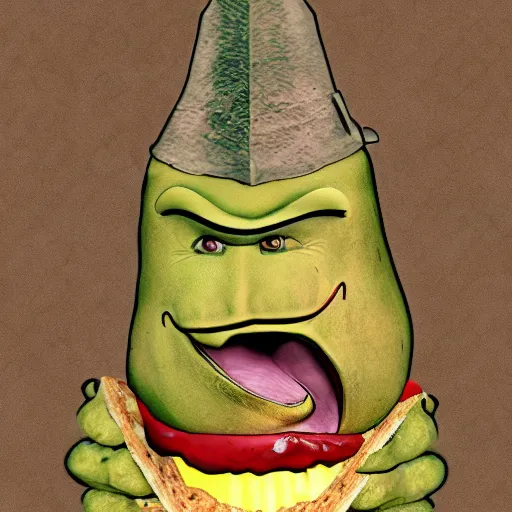 Image similar to Pyramid head shrek trying to eat a sandwich