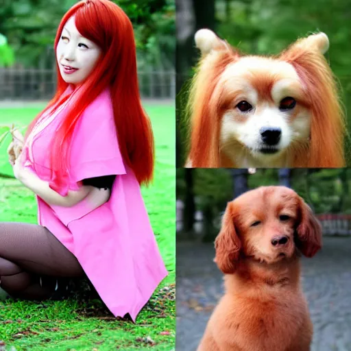 Prompt: 4 pics, japanese redhead, in the park of chiba dog