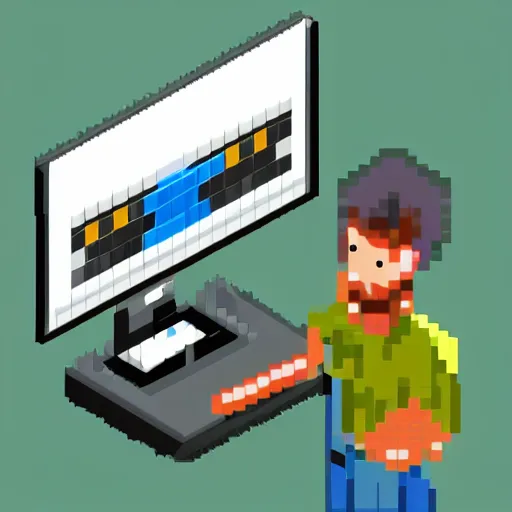 Image similar to pixel art of programmer in front of his computer station, pixel art, detailed, ideal symmetry, perfect pixel alignment, isometric 8 k,