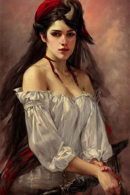 Image similar to Solomon Joseph Solomon and Richard Schmid and Jeremy Lipking victorian genre painting full length portrait painting of a young beautiful woman traditional german french pirate wench in fantasy costume, red background