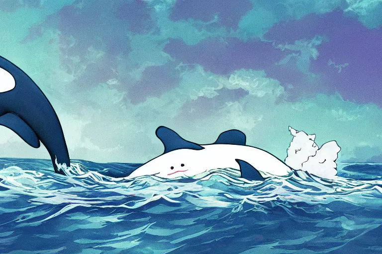 Image similar to anime whale using a computer, anime cute whale