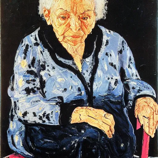 Image similar to painting of an old woman sitting on a chair, staring at you, by georg baselitz