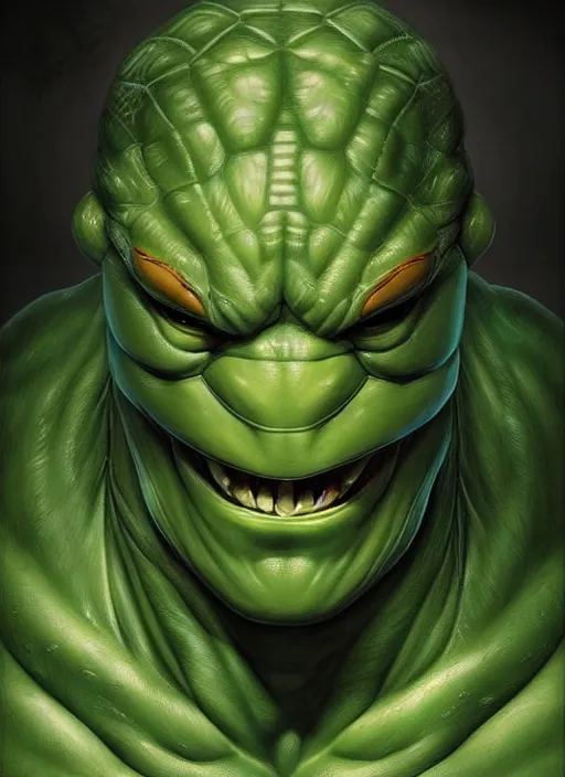 Prompt: portrait of leonardo from teenage mutant ninja turtle, muscular! turtle shell!!!, intricate, elegant, highly detailed, green skin!, digital painting, artstation, concept art, smooth, sharp focus, illustration, art by artgerm and greg rutkowski and alphonse mucha