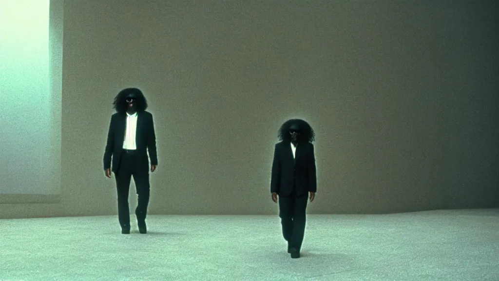 Prompt: photo from distance of a black man with long curly hair, wearing glasses, holding a guitar, walking out of from the utopia door, film still from the movie directed by Denis Villeneuve with art direction by Zdzisław Beksiński, wide lens