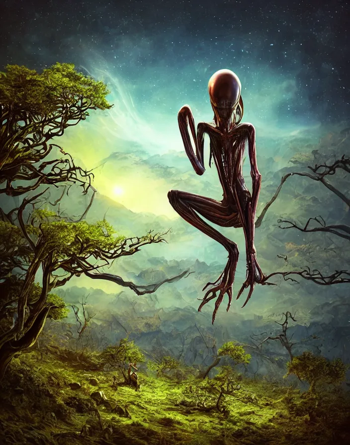 Prompt: Alien thinking with long limbs sitting on the edge of a celestial forest on another planet, in the style of 1970s sci fi art, vibrant colors, cinematic, high detail, 8k