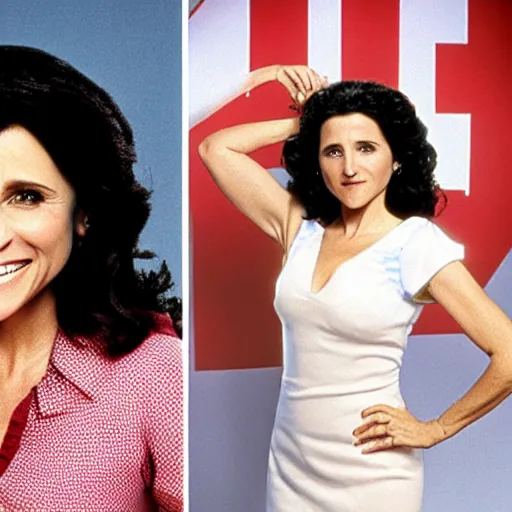 Image similar to Julia Louis-Dreyfus starring as Seinfeld in the tv sitcom Seinfeld promo shots