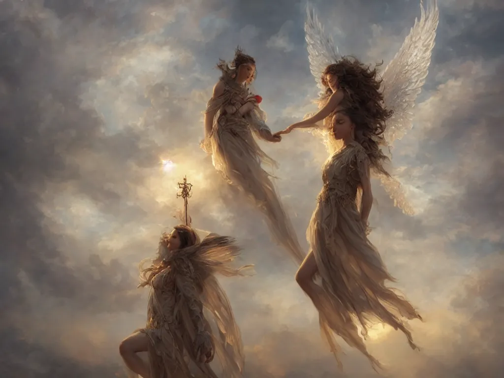 Image similar to angel carries a burning man in the clouds, fantasy art, award winning, dark fantasy, fantasy magic, intricate, elegant, sharp focus, cinematic lighting, highly detailed, digital painting, concept art, art by wlop and artgerm and greg rutkowski, masterpiece, trending on artstation, 8 k