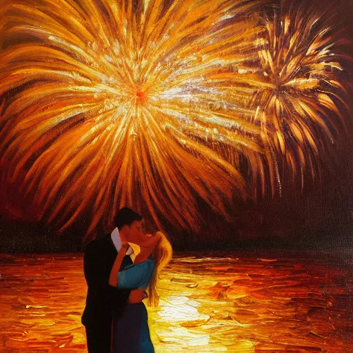 Image similar to an oil painting of couple kissing, in a background fireworks in venice